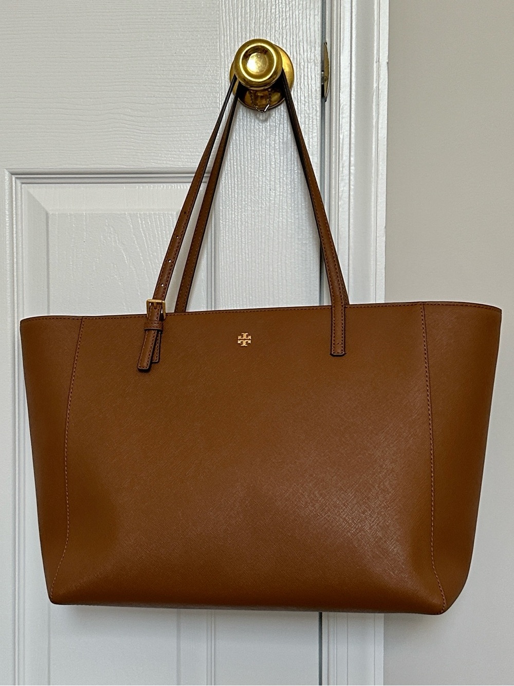 Tory Burch Emerson Large Double Handle Tote in Brown (MOOSE) with Gold Hardware